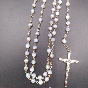 Vintage Rosary with Opaline Beads Silver Tone Metal Crucifix stamped Italy